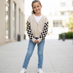 Originality Checkered Sleeve Cropped Cardigan for Kids. Size Medium.